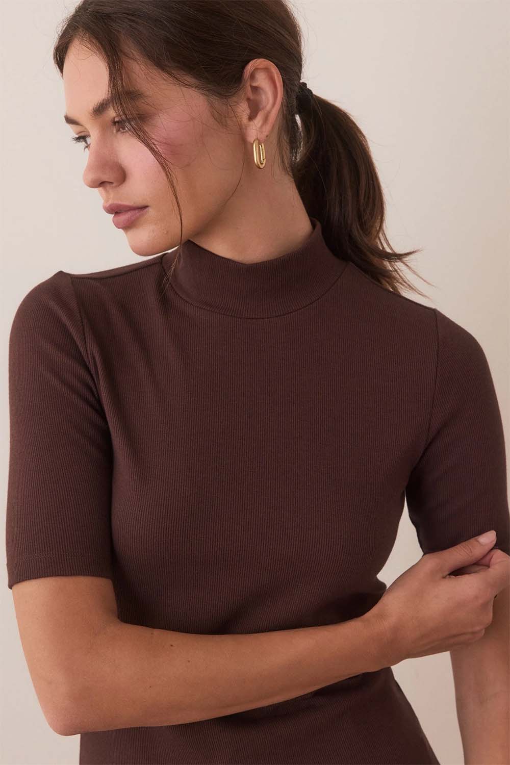 Marine Layer - Lexi Rib Mock Neck Top - Cappuccino - Detail