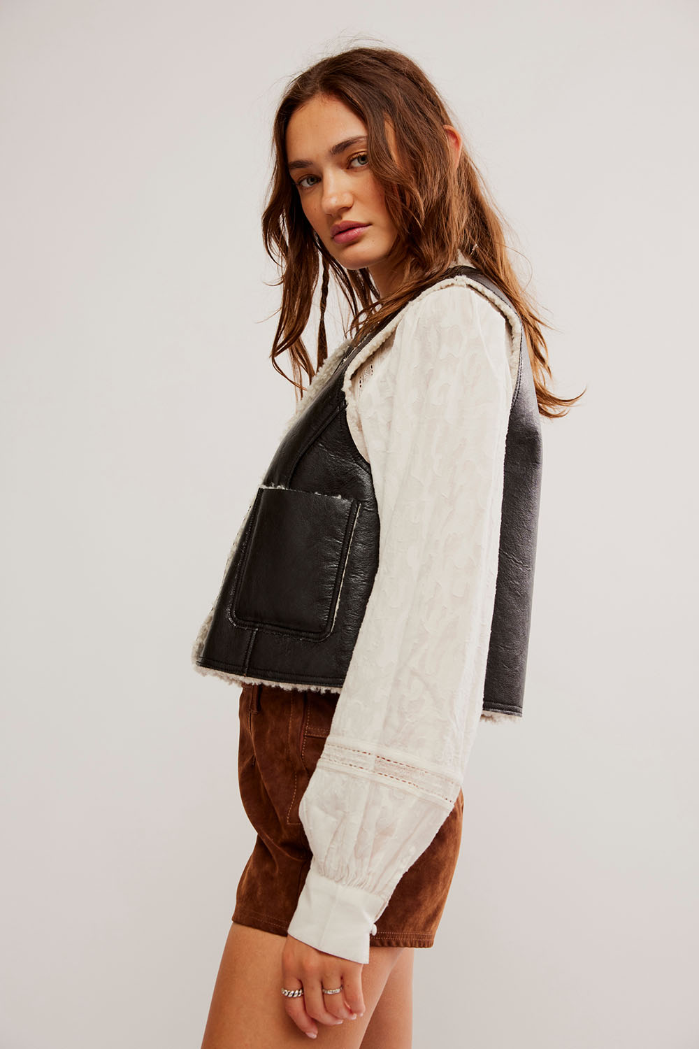 Free People - Travelers Leather Vest - Black Cream - Side