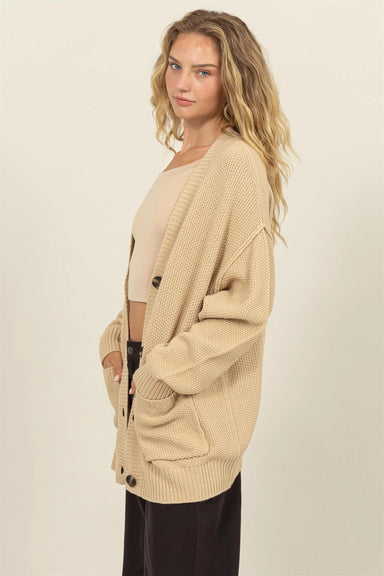 Double Zero - Oversized Button-Up Pocket Cardigan - Taupe - Side