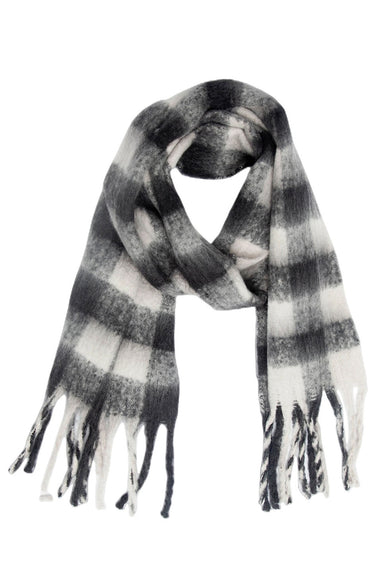 Accity - Plaid Pattern Trim Scarf - Black