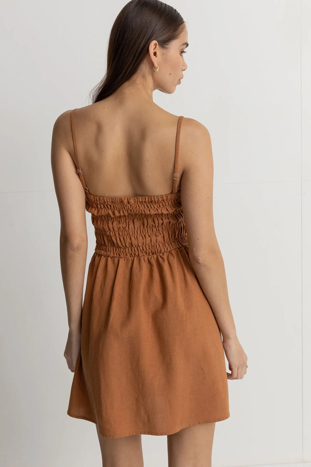 Rhythm - Classic Shirred Mini Dress - Caramel - Back