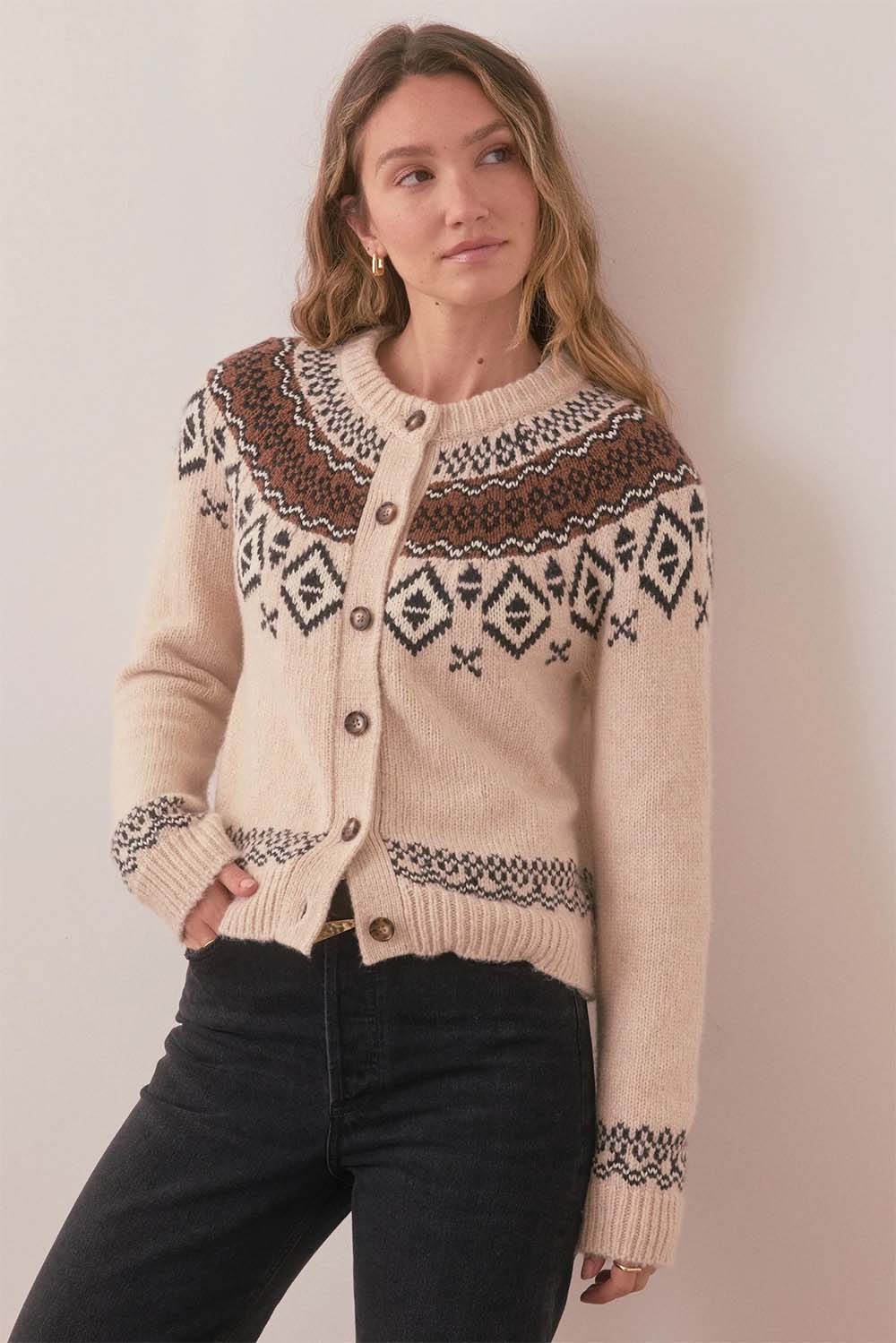 Marine Layer - Ava Fair Isle Cardigan - Mink - Profile