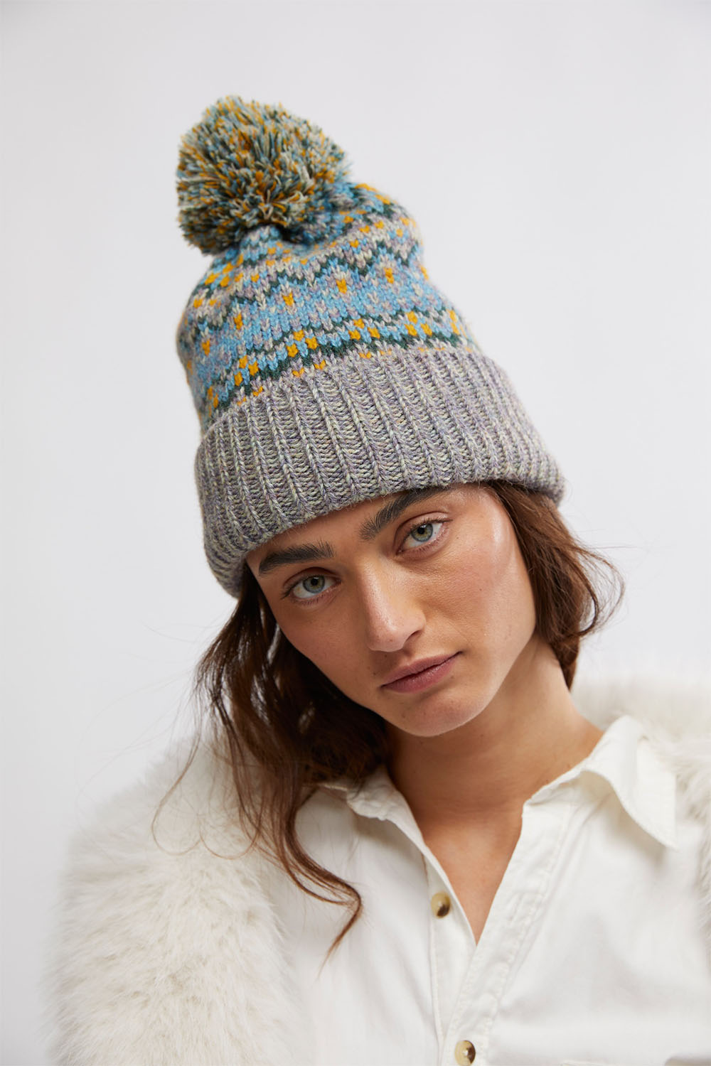 Free People - First Frost Fairisle Pom Beanie - Sage - Model