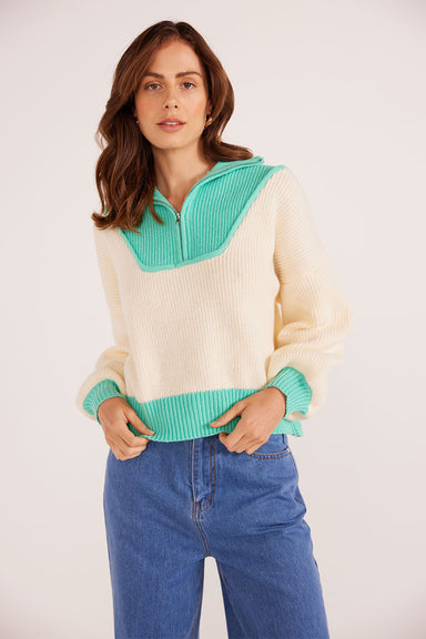 Mink Pink - Mia 1/4 Zip Knit Jumper - Creama/Teal