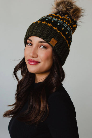 Panache Apparel Co - Multicolored Patterned Pom Hat - Olive - Side