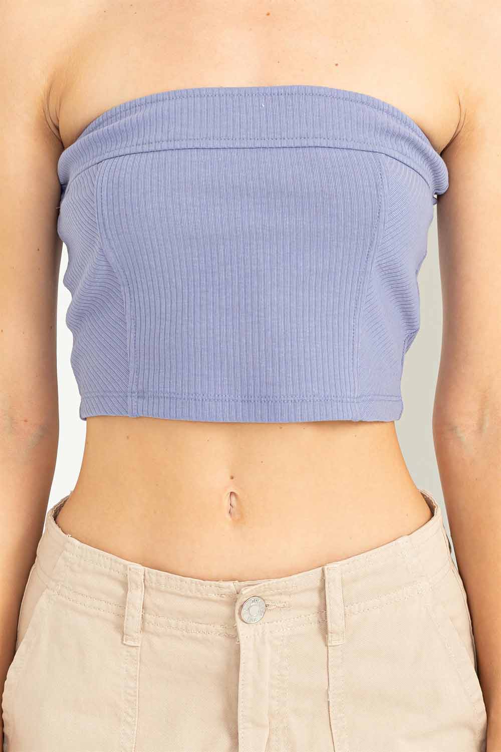 Double Zero - Strapless Ribbed Crop Top - Pale Indigo - Detail