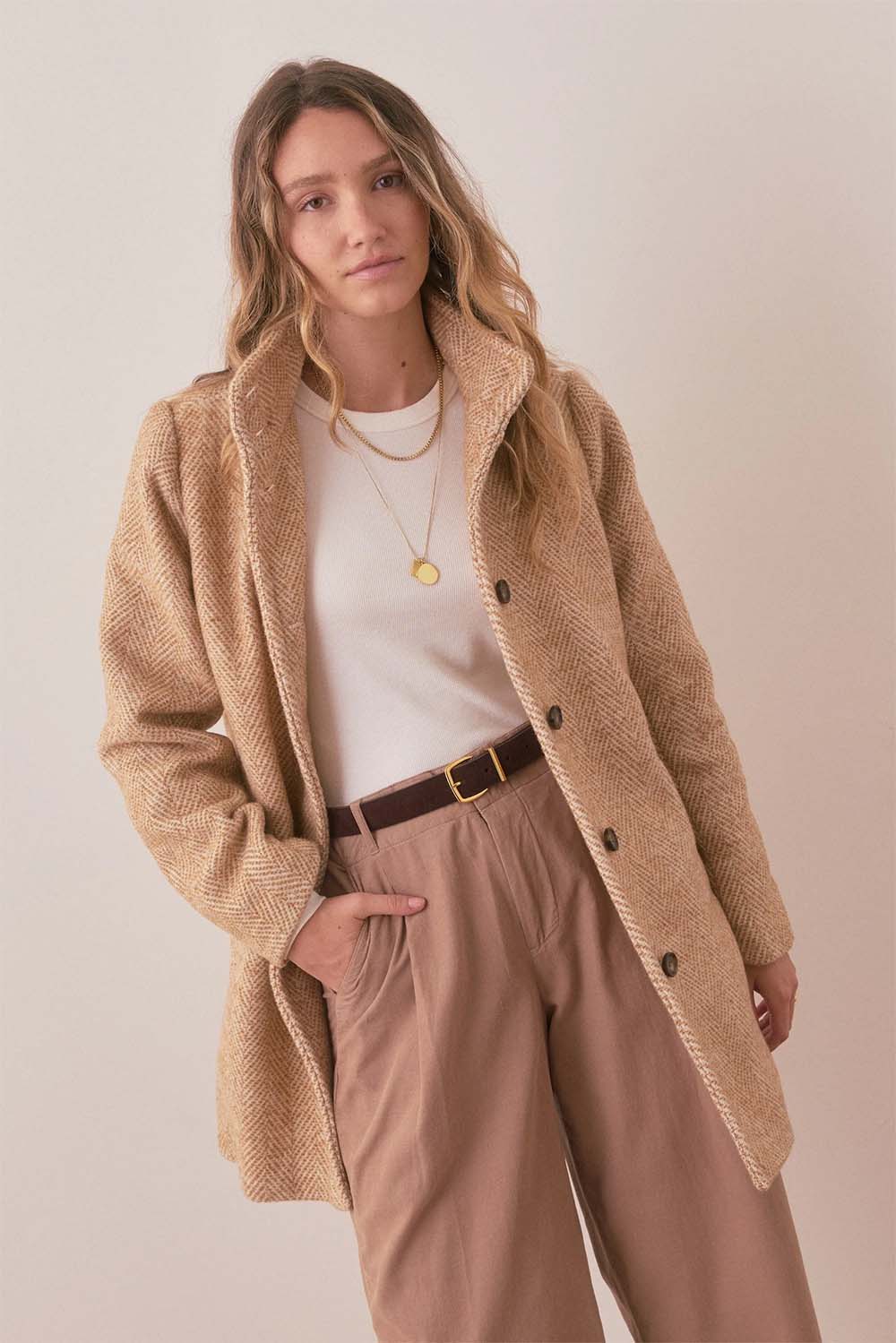 Marine Layer - Stephanie Cocoon Coat - Camel Herringbone - Front