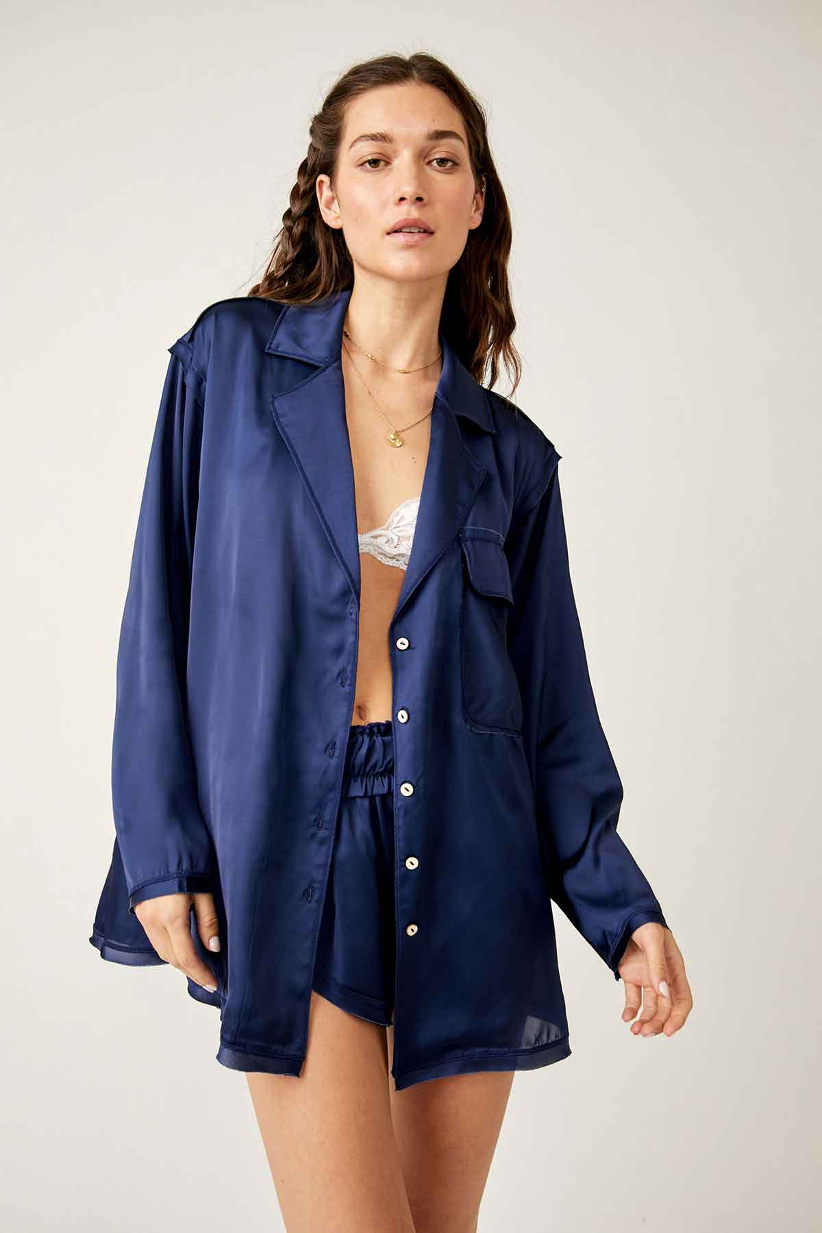 Free People - Like Honey PJ Shirt - Navy Coat - Front