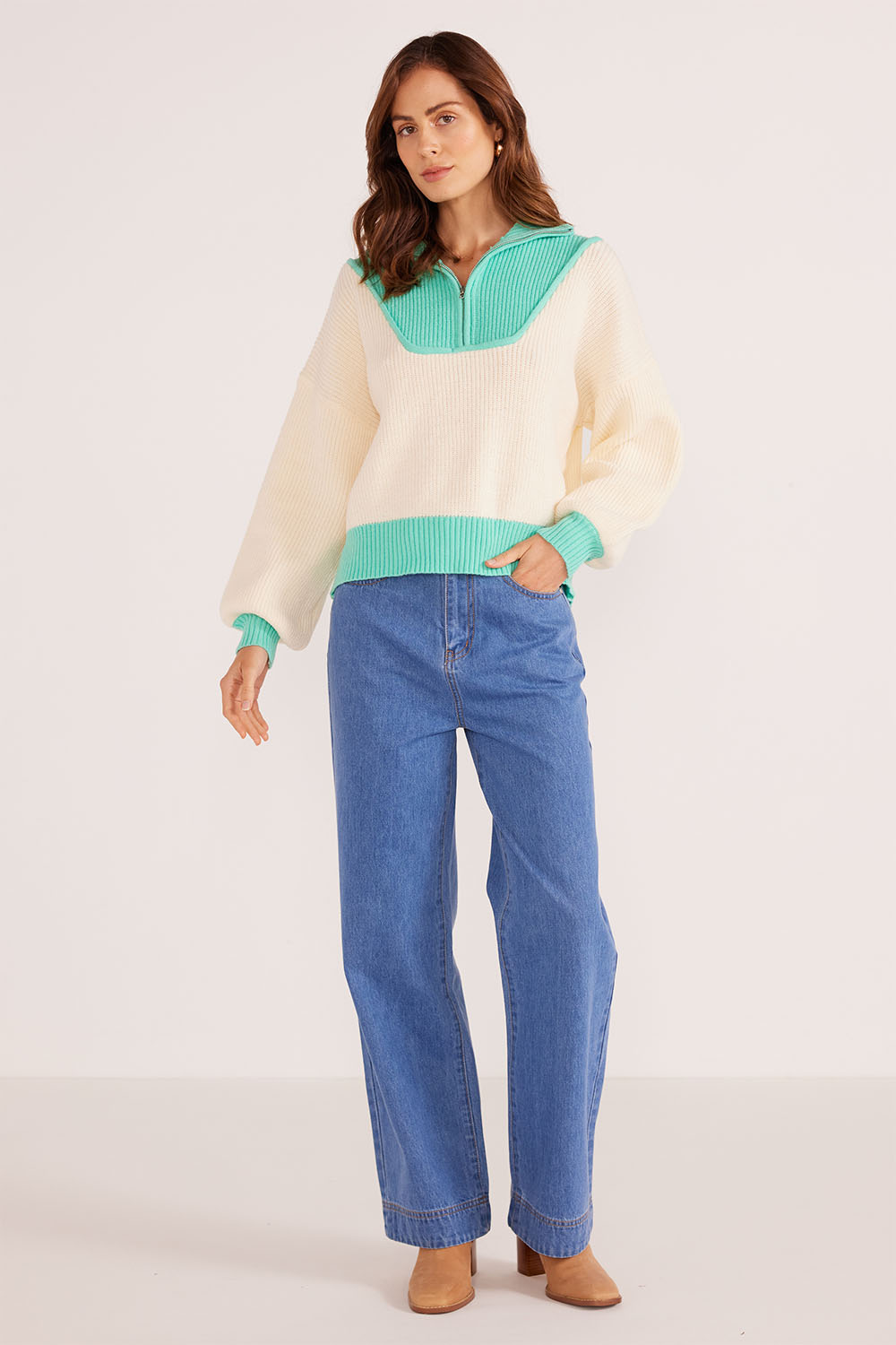 Mink Pink - Mia 1/4 Zip Knit Jumper - Creama/Teal - Front