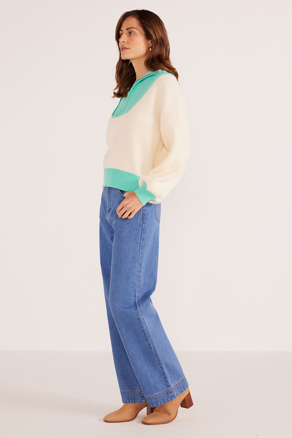 Mink Pink - Mia 1/4 Zip Knit Jumper - Creama/Teal - Side