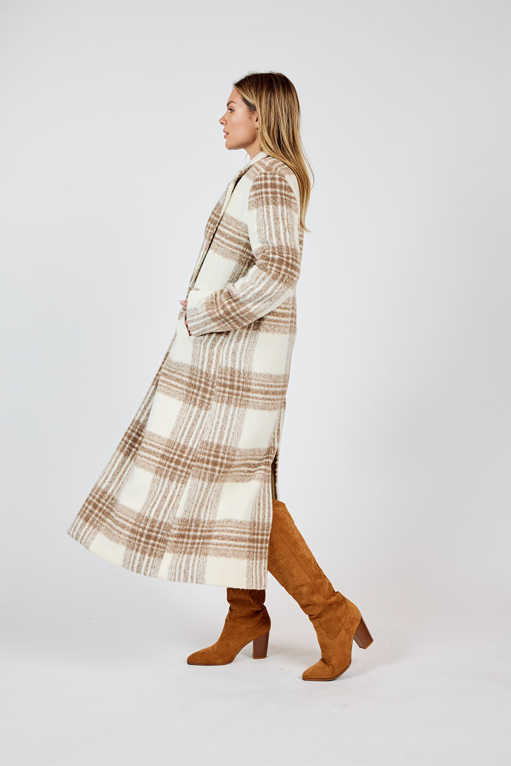 Sadie & Sage - Zella Plaid Long Coat - Ivory Multi - Side