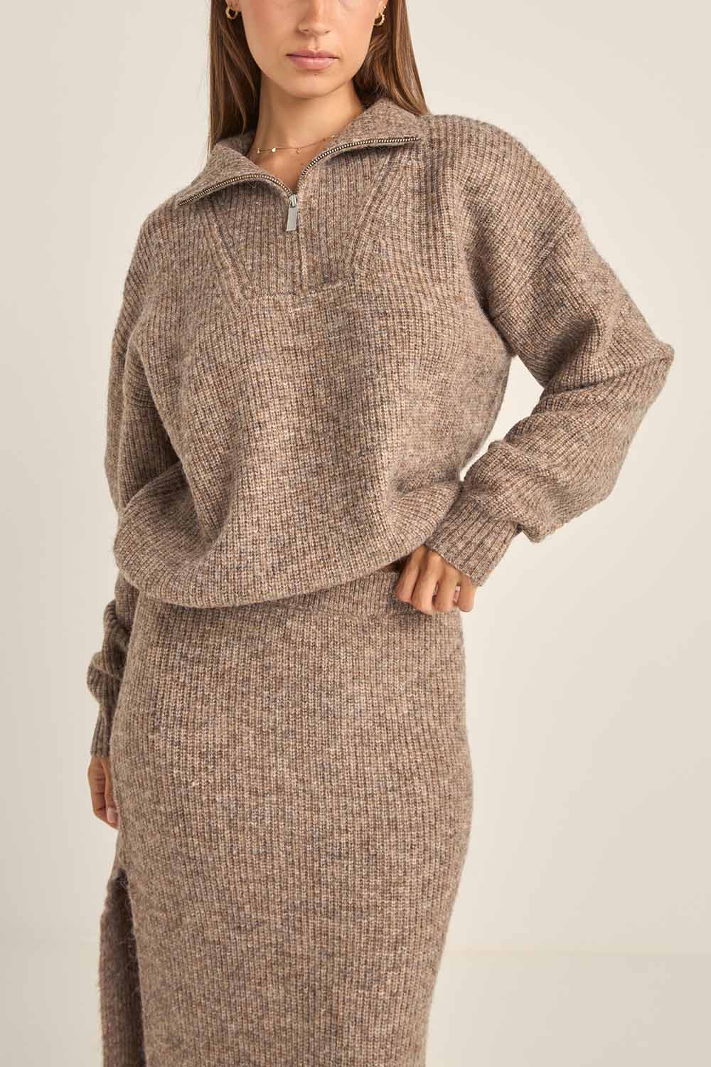 Rhythm - Quinn Zip Knit - Oatmeal - Front