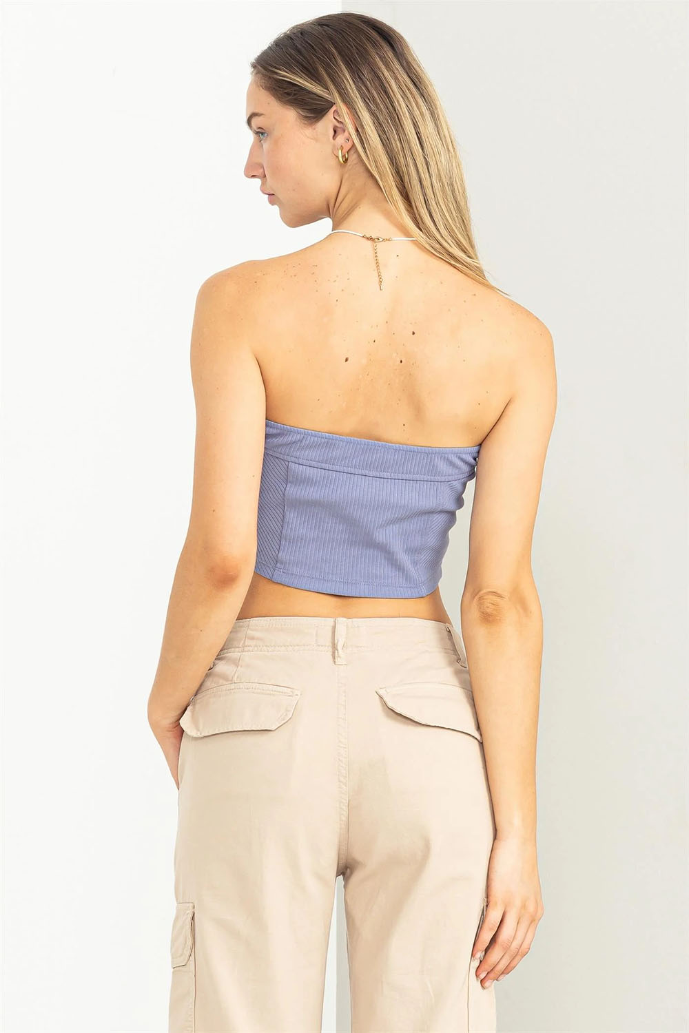 Double Zero - Strapless Ribbed Crop Top - Pale Indigo - Back