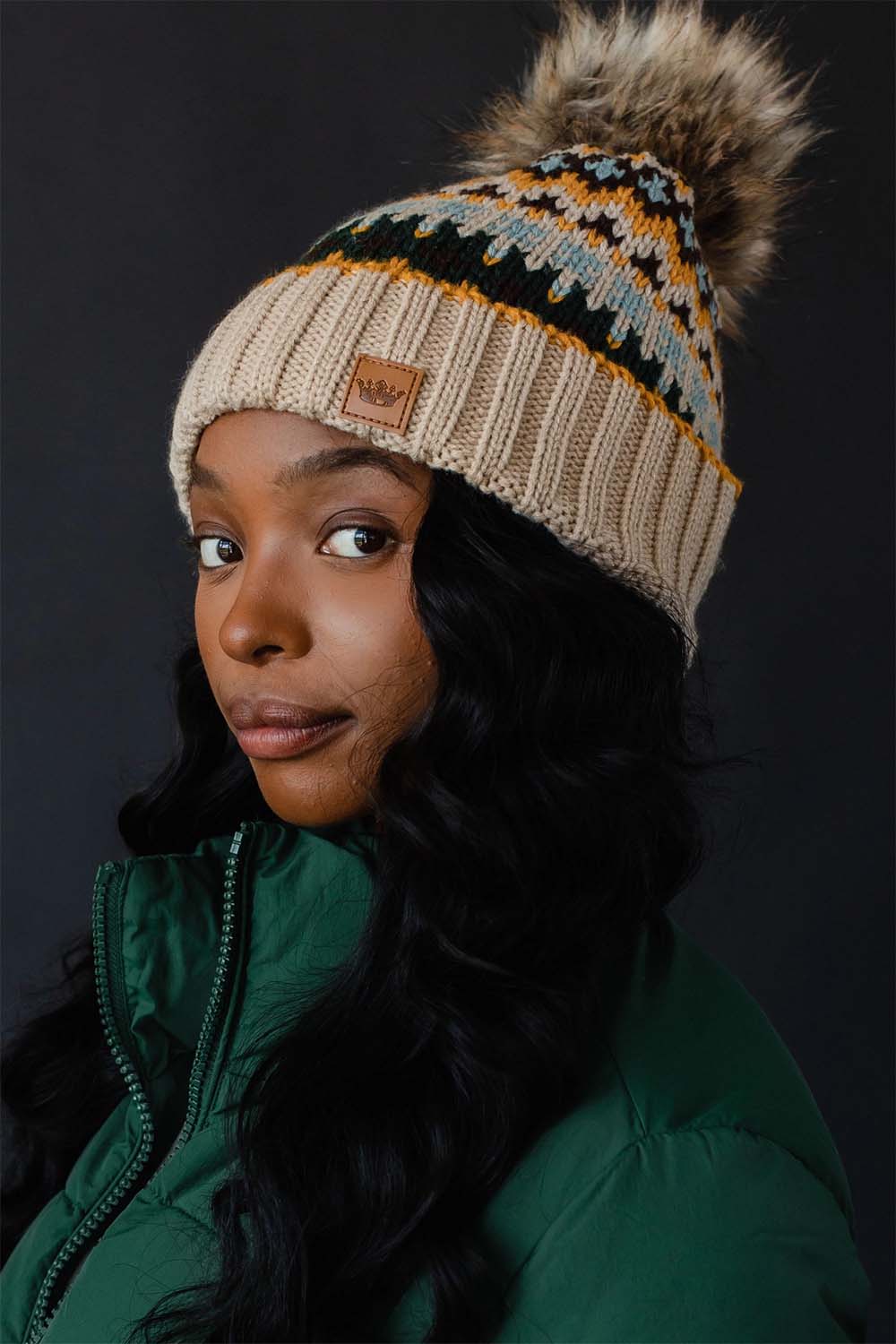 Panache Apparel Co - Multicolored Patterned Pom Hat - Taupe - Side