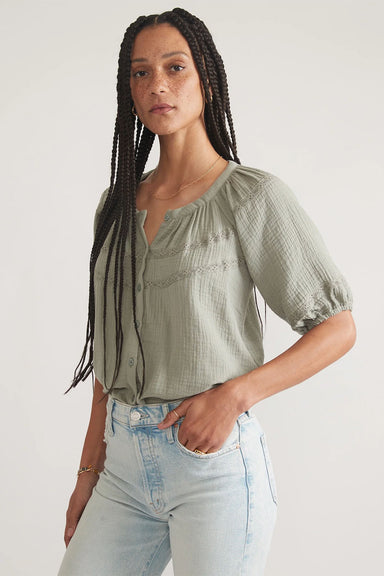 Marine Layer - Wren Puff Sleeve Top - Faded Olive - Front