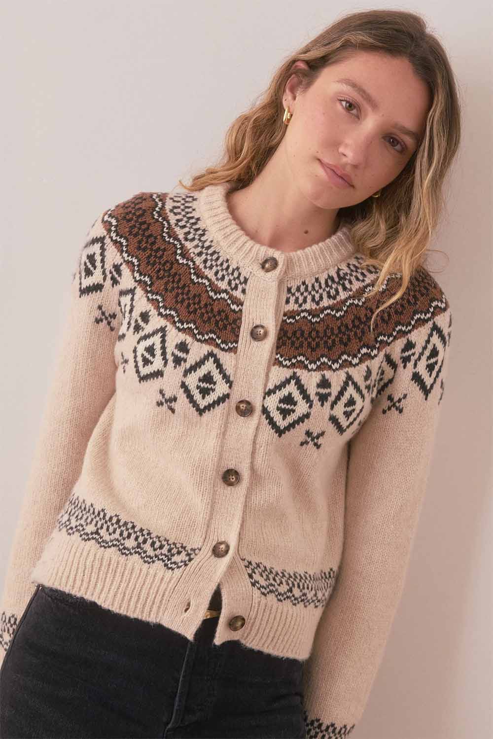 Marine Layer - Ava Fair Isle Cardigan - Mink - Front