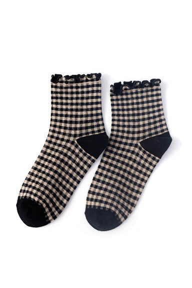 Accity - Check Plaid Ruffle Socks - Black