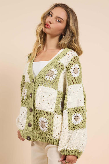 Sadie & Sage - Myriam Daisy Crochet Cardigan - Ivory Green - Side