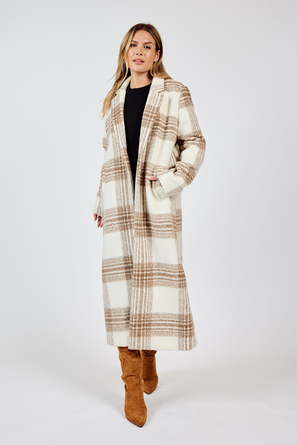 Sadie & Sage - Zella Plaid Long Coat - Ivory Multi - Front