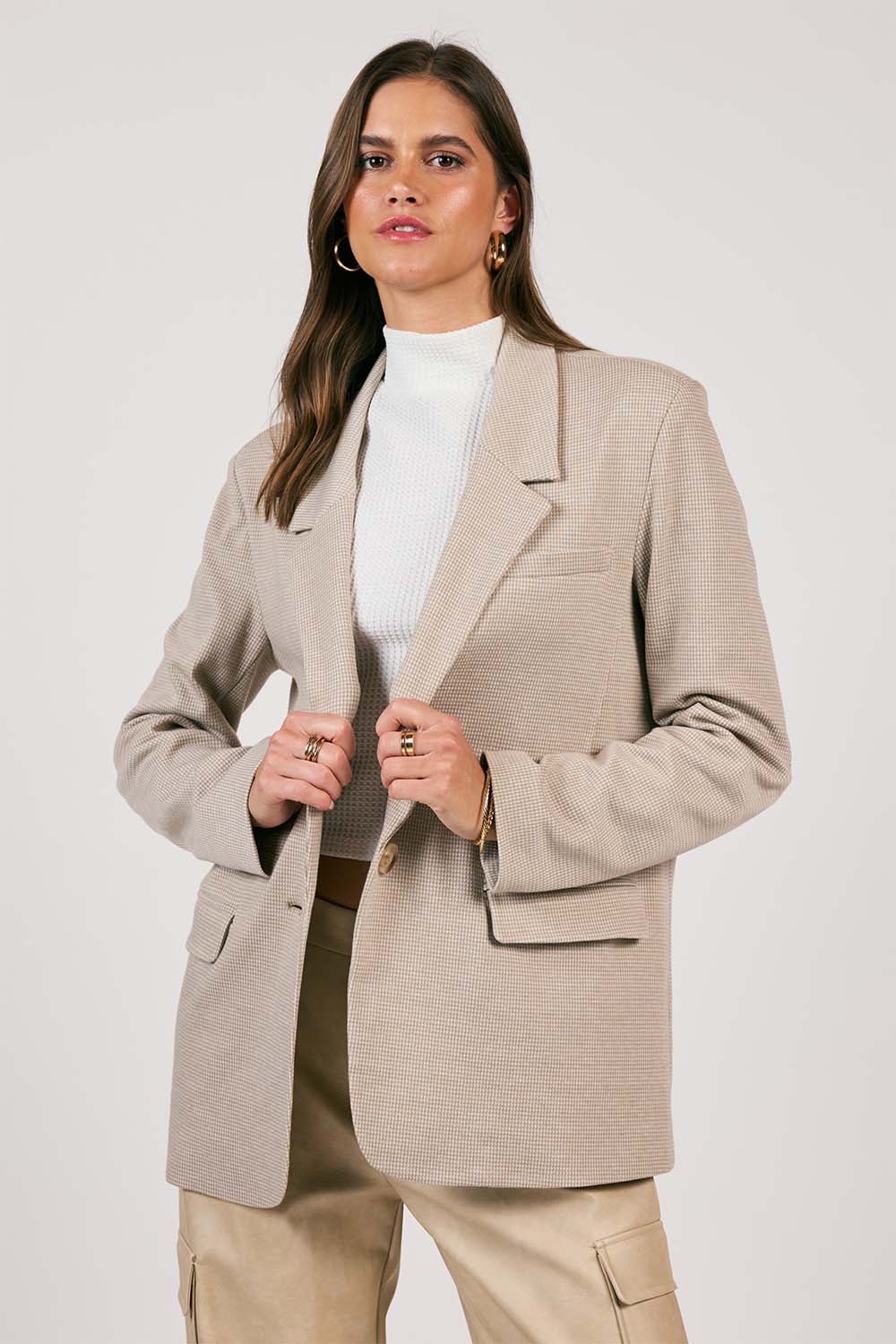 Sage the Label - Progress Houndstooth Blazer - Taupe - Front