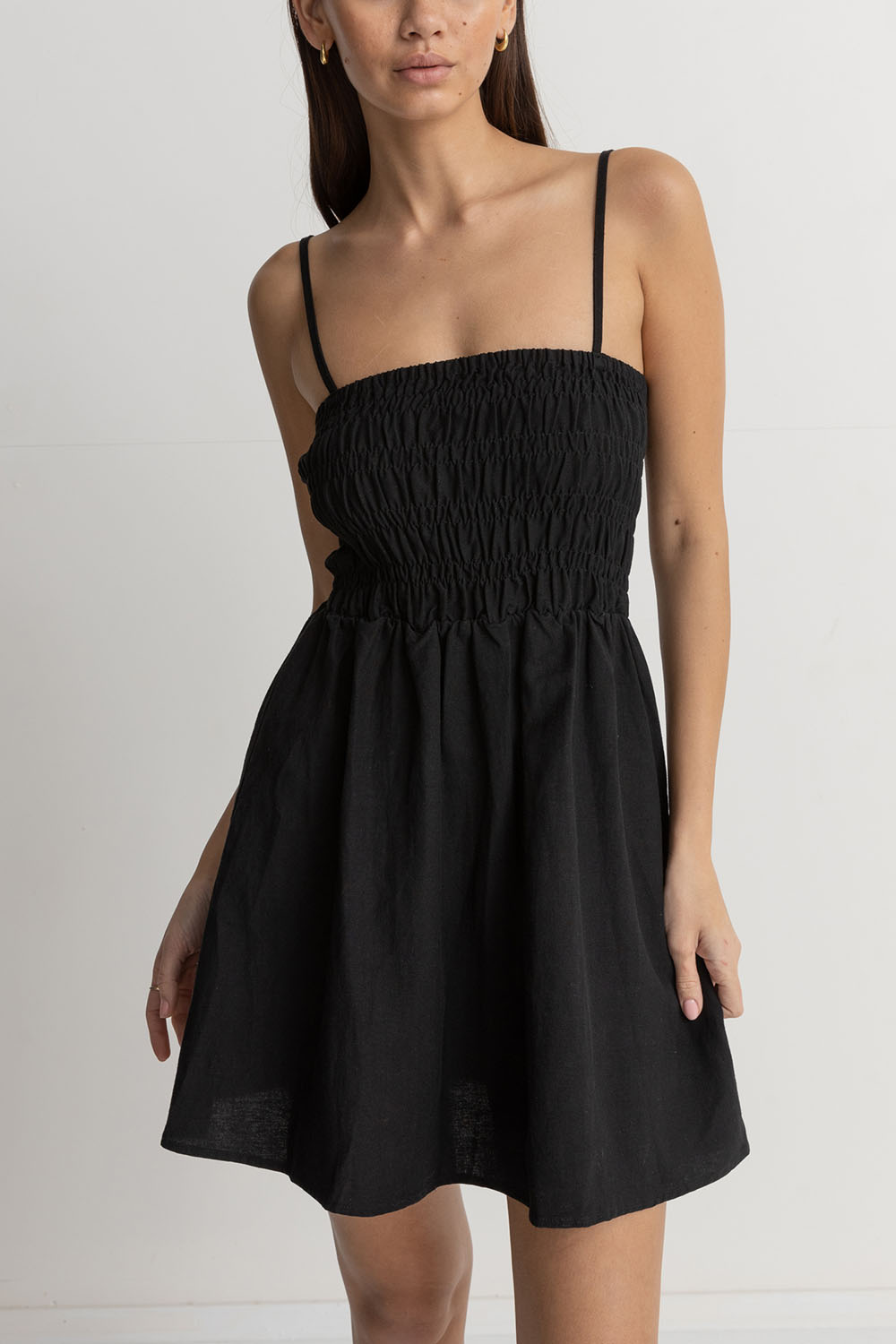 Rhythm - Classic Shirred Mini Dress - Black - Front