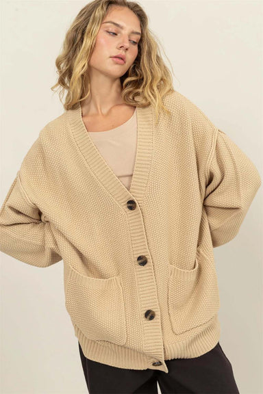 Double Zero - Oversized Button-Up Pocket Cardigan - Taupe - Front