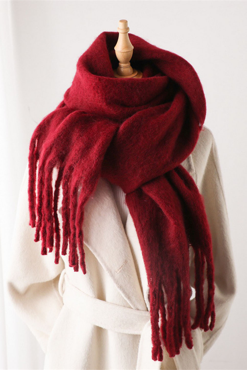 Accity - Solid Tassel Scarf - Wine