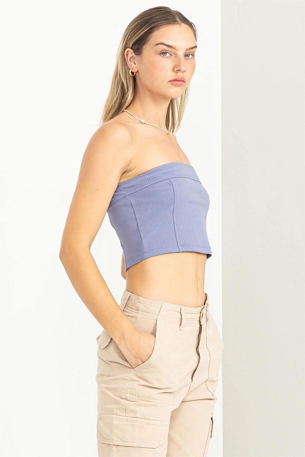 Double Zero - Strapless Ribbed Crop Top - Pale Indigo - Side