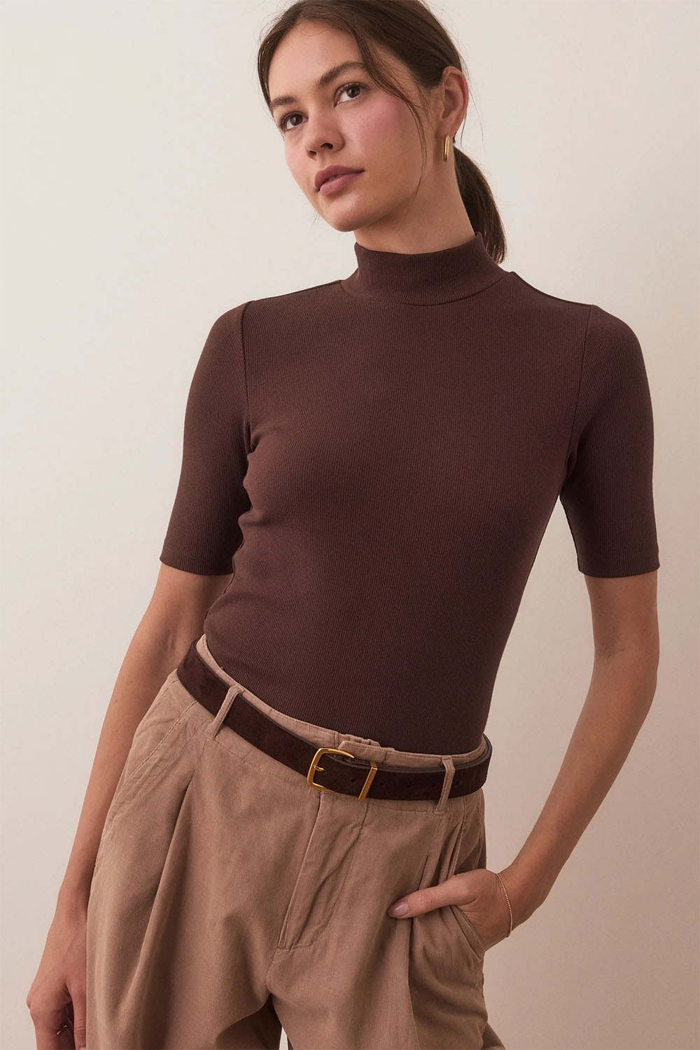 Marine Layer - Lexi Rib Mock Neck Top - Cappuccino - Front