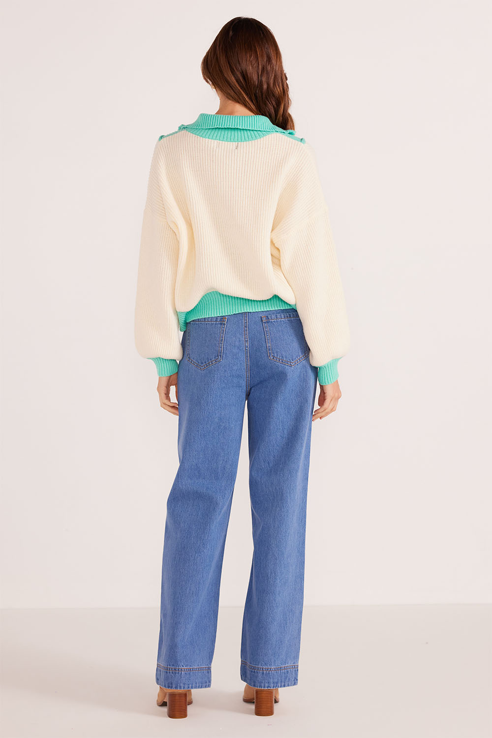 Mink Pink - Mia 1/4 Zip Knit Jumper - Creama/Teal - Back