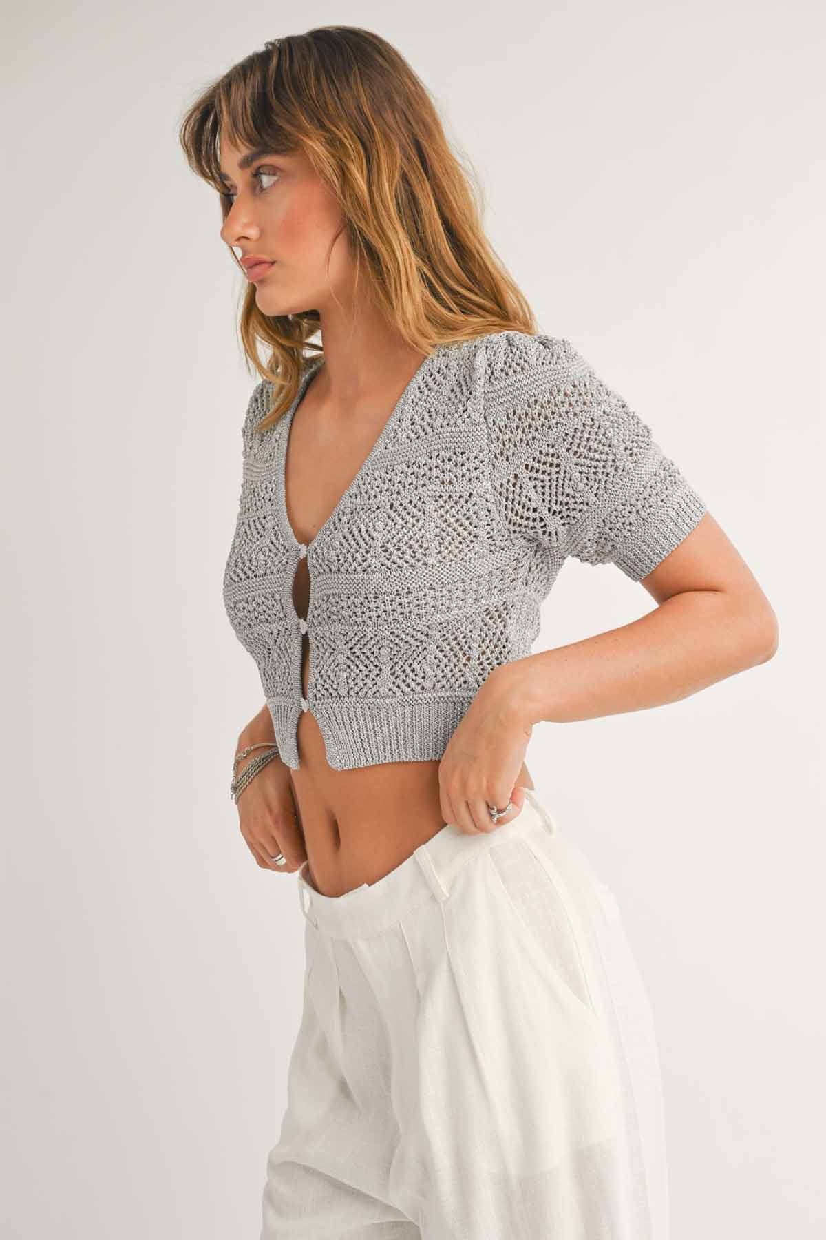 Sage the Label - Sylvie Short Sleeve Cardi - Silver - Side