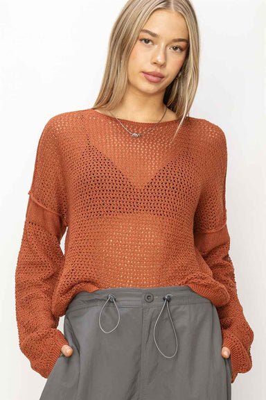 Double Zero - Open Knit Drop Shoulder Sweater - Baked Clay - Front
