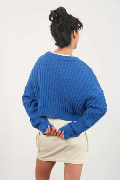 Double Zero - Cropped Ribbed LS Knit Sweater - Cobalt - Back