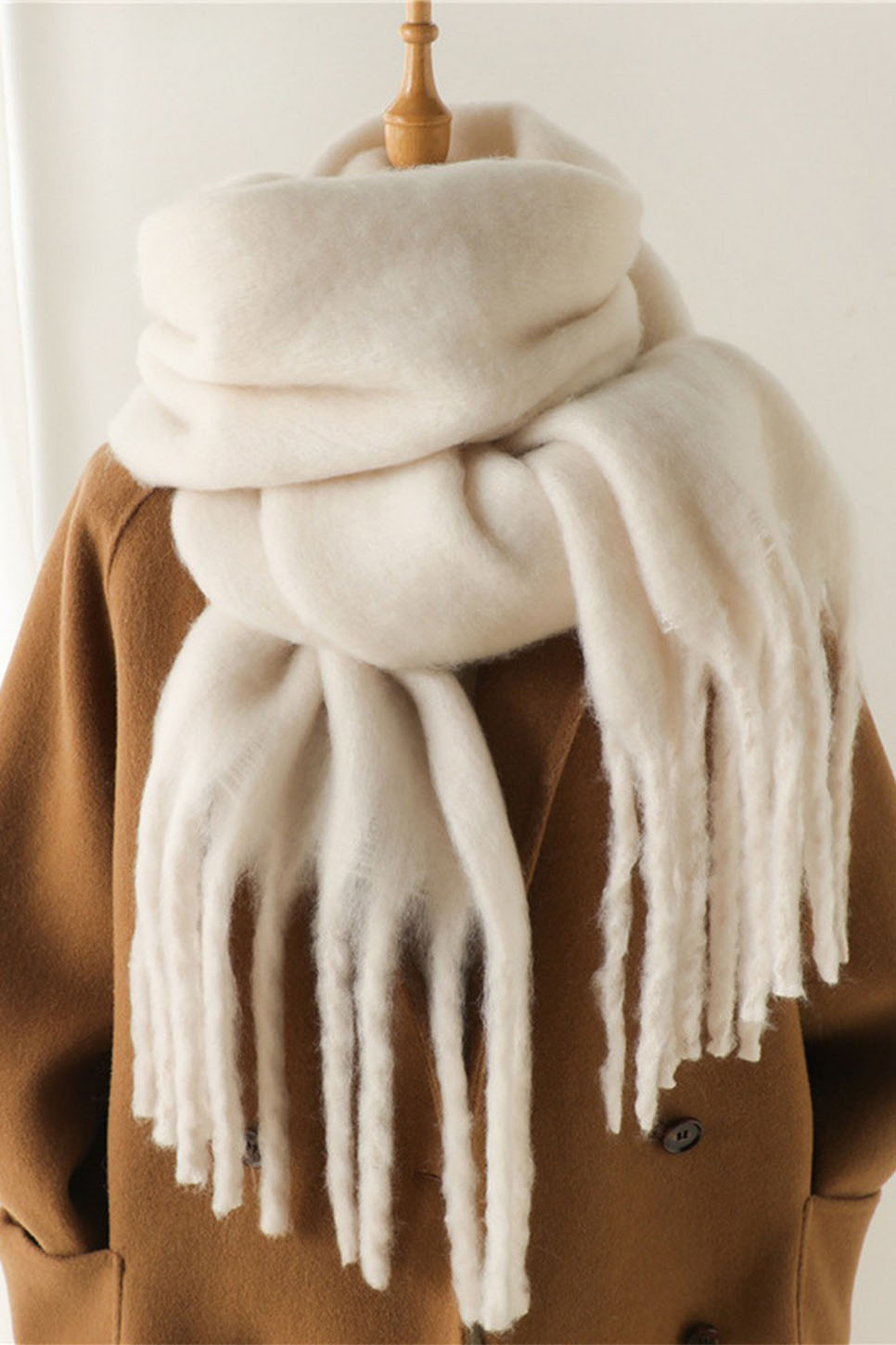 Accity - Solid Tassel Scarf - Beige