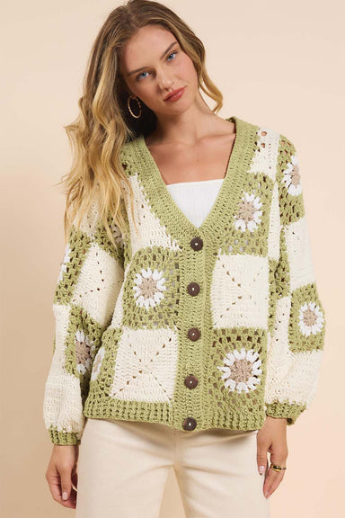 Sadie & Sage - Myriam Daisy Crochet Cardigan - Ivory Green - Front