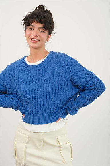 Double Zero - Cropped Ribbed LS Knit Sweater - Cobalt - Front