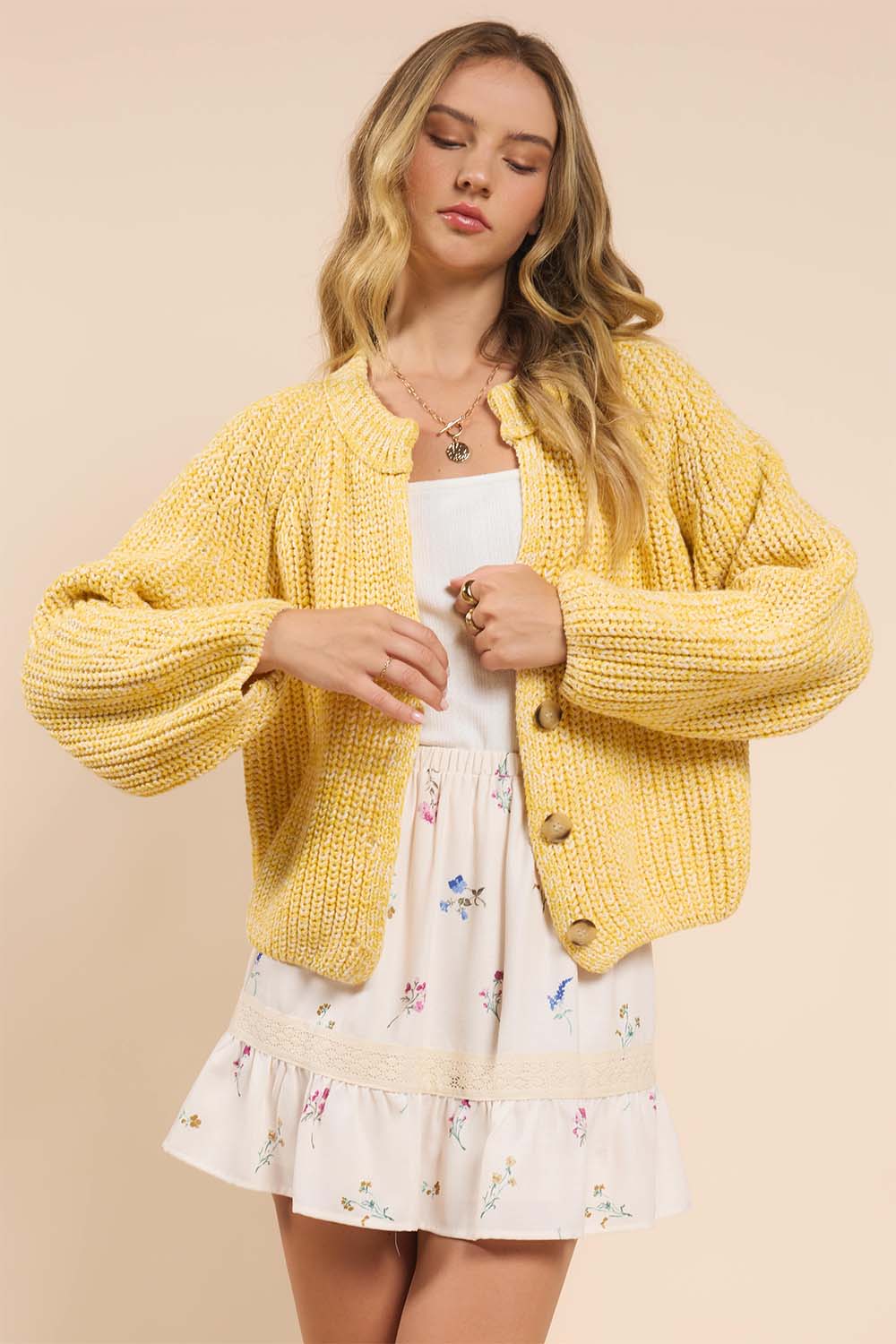 Sadie & Sage - Sunroof Half Buttoned Cardigan - Lemon - Front